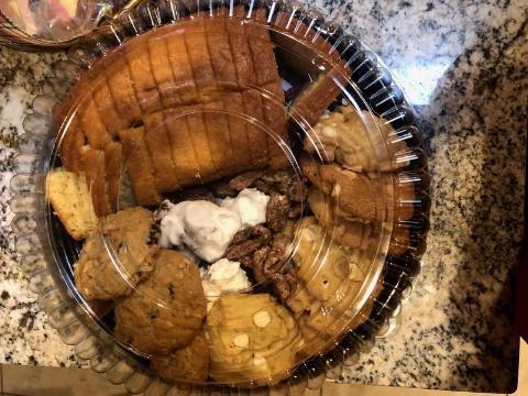 Dessert Platter with chocolate chip cookies, Macadamia cookies, oatmeal cookies, Sweet Spicy Christmas Nuts, banana bread