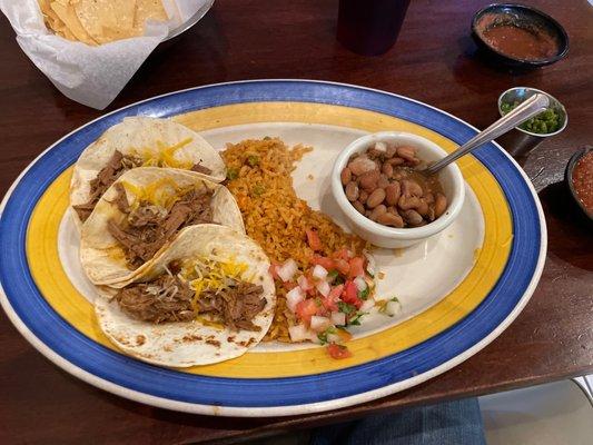 Brisket Tacos with Charro Beans & Mexican Rice.