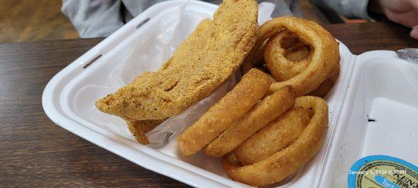 Fried catfish with onion rings