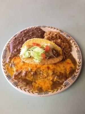 Our most popular plate:Mexican plate;consists of two enchiladas ,rice ,beans and a crispy taco