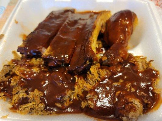 Sampler Platter meats - Chopped Pork, Chopped Brisket, Ribs,  Chicken.