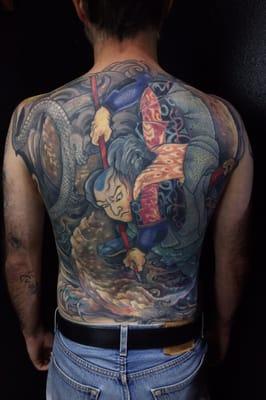 Healed picture of client Andrew's back. Based upon old Japanese legend of the Samurai and Lizard. 68 hours.