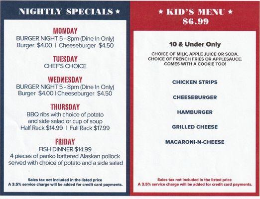 Specials and Kid's Menu