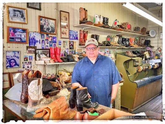 His grandfather opened the first shoe repair shop in 1917 in San Marcos, Texas. He is 3rd generation shoe cobbler.