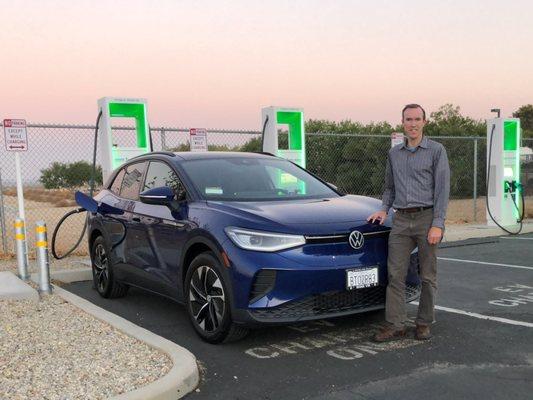 Charging my Volkswagen ID.4 Pro S at the Electrify America DC fast charging station in Mojave, CA.