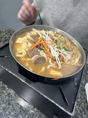 Spicy beef soup with udon