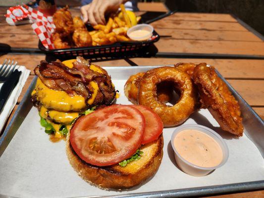 Burger with fried mac n' cheese on top + onion rings