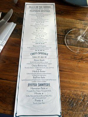 Oyster menu