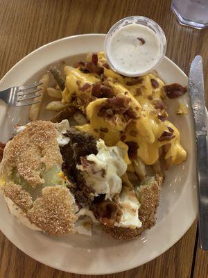 Fried green tomatoes instead of a hamburger bun. Delicious!  Cheesy bacon fries (half order).