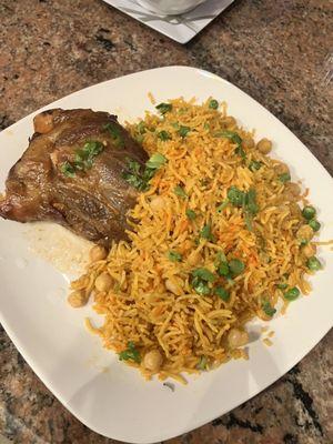 lamb shank and biryani rice