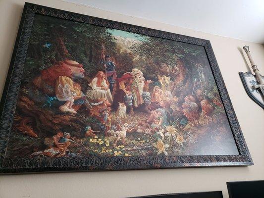 37x44 .. stretched and framed there. Great work and great service. Once upon a time by James Christensen if curious