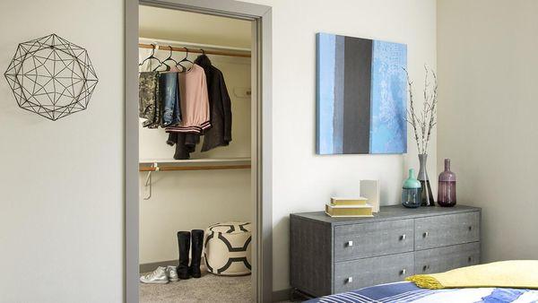 Spacious apartment Bedroom with Large Closet and Wood Floors.