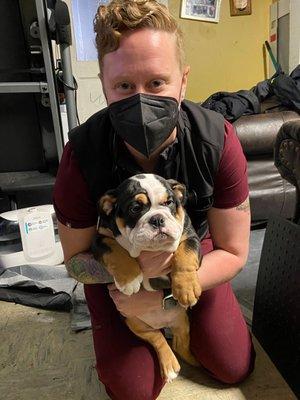 Kari Moore with Onyx the adorable bulldog