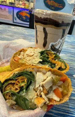 This is the magnificent March Madness wrap with the perfect Peanut Butter and Chocolate smoothie.