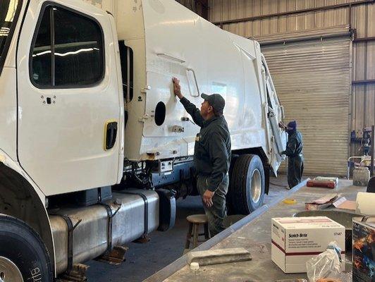 Preparing a truck to go inside our paint stall for a fresh coat of paint after body repairs.