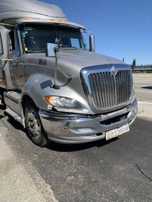 Truck damage in semi shows that it was damaged at the headlight area and the front bumper area