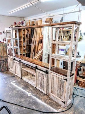 10" long rustic Farmhouse entertainment center/ display unit. Can be built to fit your needs.