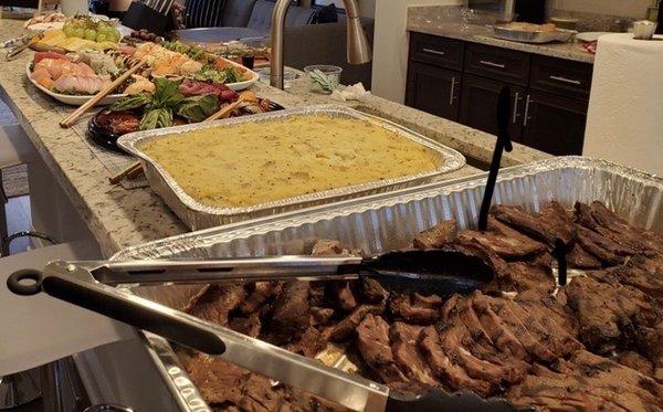 Char-grilled flat iron steak, mashed potatoes, roasted vegetable medley (first three dishes from absolutely perfect catering)