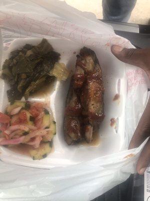 Ribs with cucumber salad and cucumber salad flavored greens