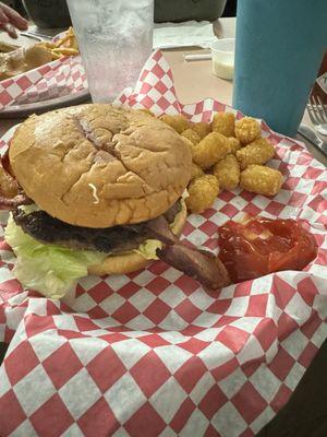 The bacon burger with tots was good.