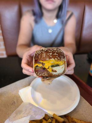 The Biltmore- Double Smash Cheeseburger on a Pretzel Bun