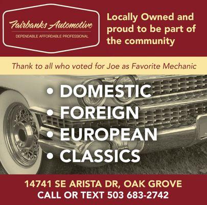 Joe would like to send a big thank you to everyone who voted for him as Favorite Mechanic in Milwaukie Review!