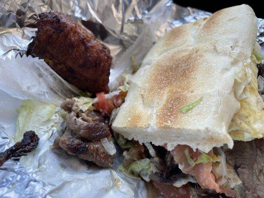 Breakfast Steak Sandwich with Maduros on the side from Cafeteria Marcela's.