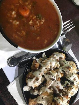 Tomato veggie soup and cauliflower