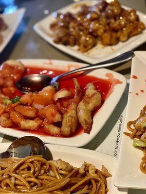 Chicken Chow Mein,  Sweet & Sour Chicken, and Orange Chicken