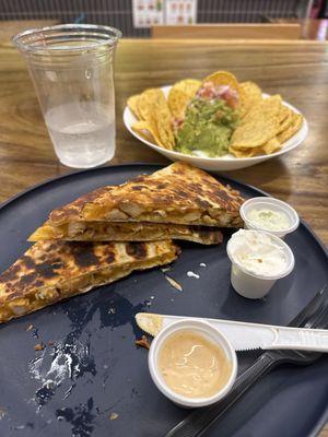 Chicken Quesadilla Pollo and chips and guacamole