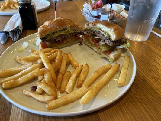 Green Chili Cheese Burger with 1/2 of the fries