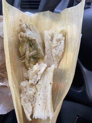 Green chicken tamale, that's all the meat and sauce.