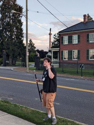 Tour Guide Sam keeping group focused for paranormal activities!