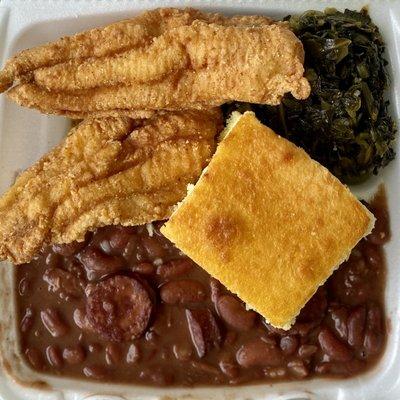 Red beans and rice, fried catfish, greens, & corn bread