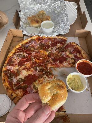 Pizza, I added heavy sauce and onion.  Dips and garlic bread on point!