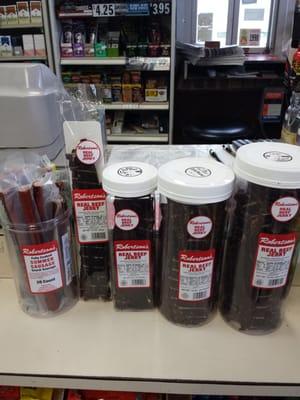 We carry Robertson's beef jerky+summer sausage.  We also have Jack links,Chefs cut, Lone Star, JC Rivers and Hard Times beef jerky