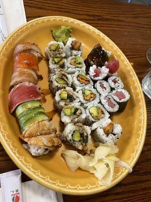 Rainbow roll, Rock and Roll, Sweet Potato roll, tekka maki, and a single eggplant nigiri