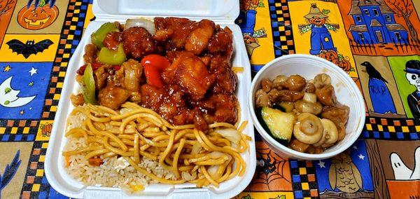 Three Item Combo Half Half Fried Rice, Noodles, Chicken and Veg, Orange Chicken and Mushroom Chicken