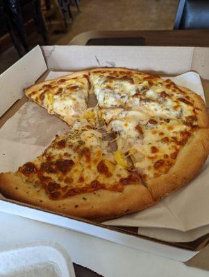 Three cheese steak pizza