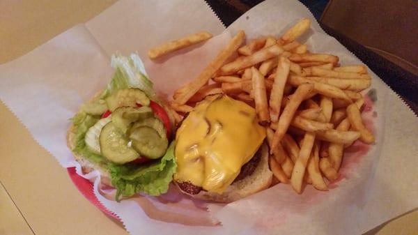 Bacon cheeseburger with an order of fries