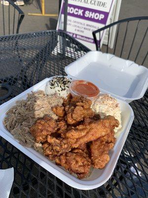 Mixed plate with kalua pork, mochiko chicken