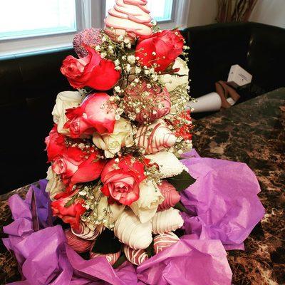 Chocolate Covered Strawberry Tower with Roses