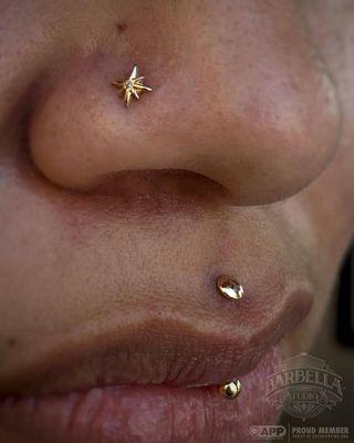 Cat installed a pair of 14k yellow gold, "Sparklier Motion" ends by Maya in these healed and happy nostrils they pierced a while back.