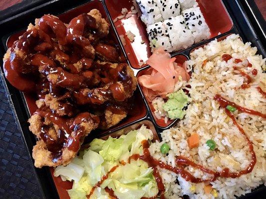 calamari katsu bento box with california roll & fried rice. so much food and ultra tasty ^_^