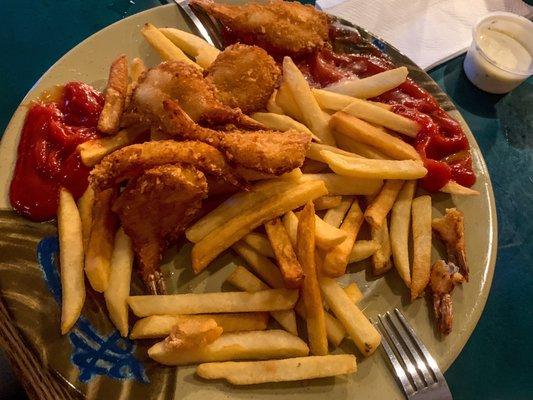 Little game time snack, fries and fried shrimp