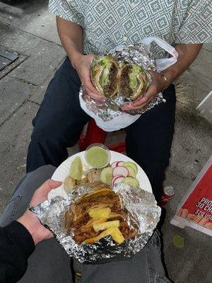 Carne asada torta, al pastor and chorizo tacos