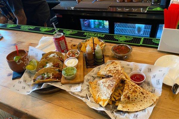 Steak Quesadilla and Chorizo Tacos