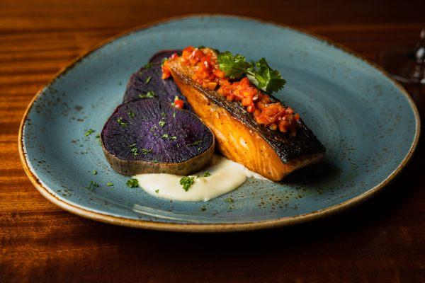 Roasted Salmon with parsnip puree and okinawa sweet potato.