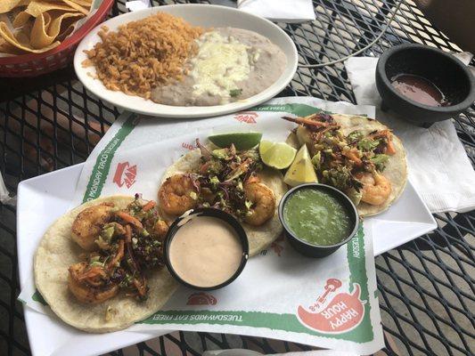 Shrimp tacos w/ a side of half-and-half rice and beans