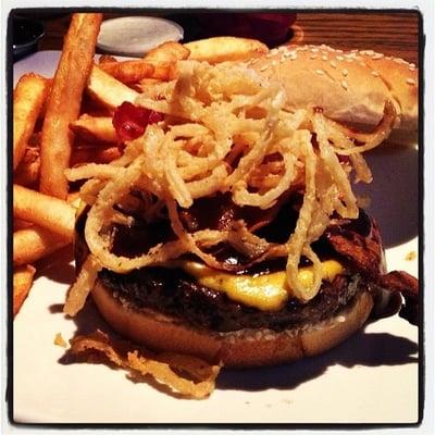 Rancher burger- cheddar cheese, BBQ sauce, bacon, and onion strings!